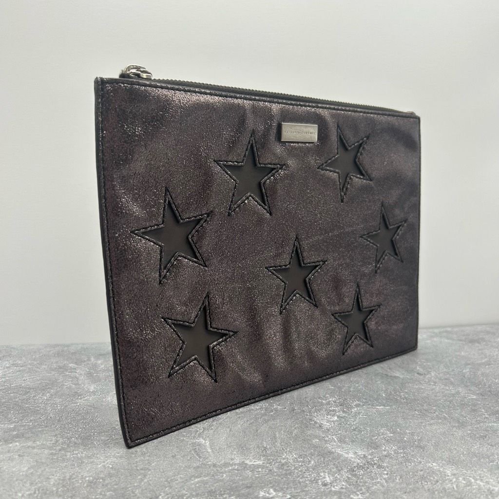 Stella Mccartney Black Leather Star Pouch Wallet Glitter Zipped Logo Plaque